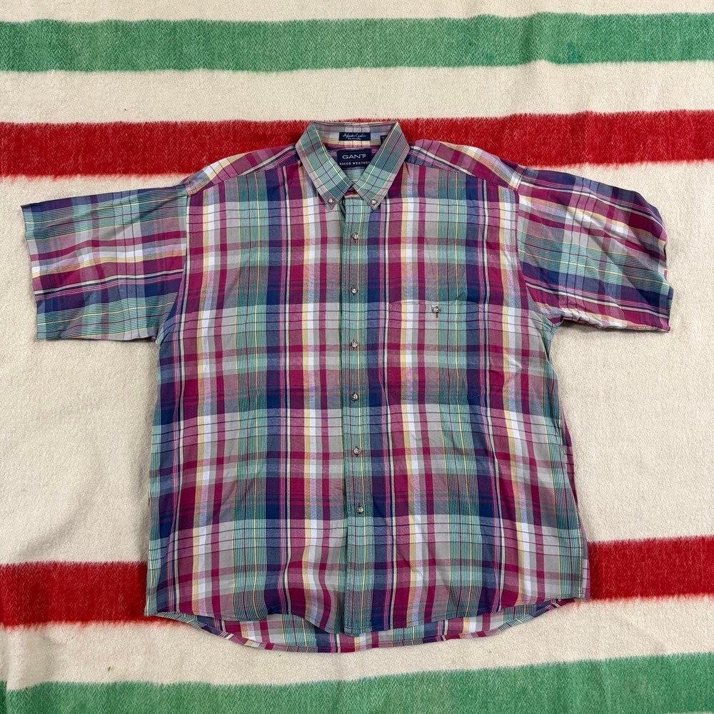 Vintage GANT Rough Weather Madras Plaid Short Sleeve Button Down Shirt Mens L
